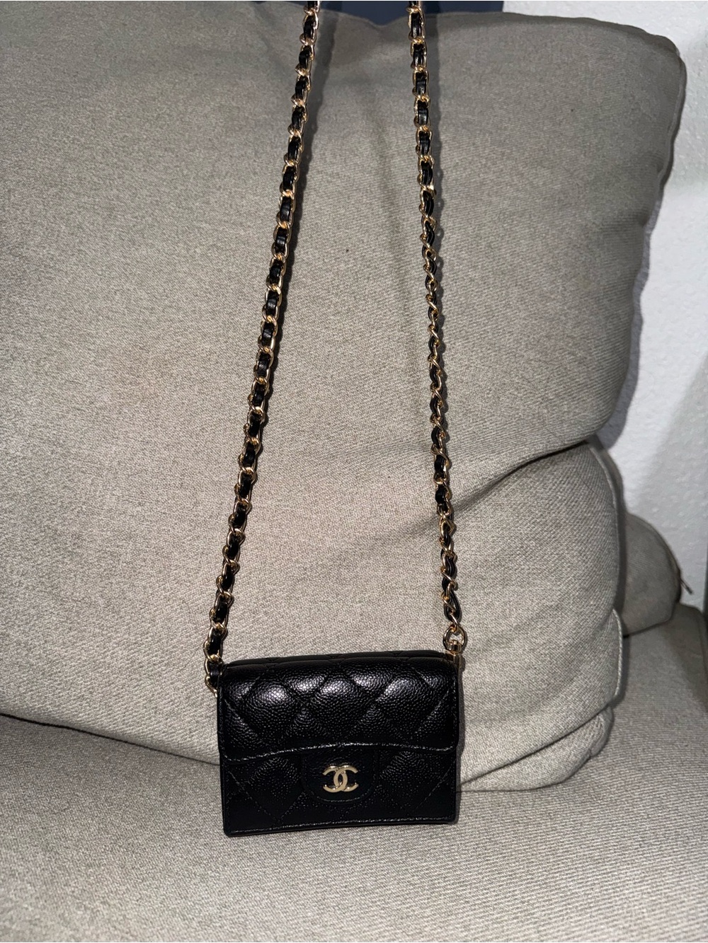 CHANEL Black Quilted Caviar Leather Compact Wallet with Gold CC